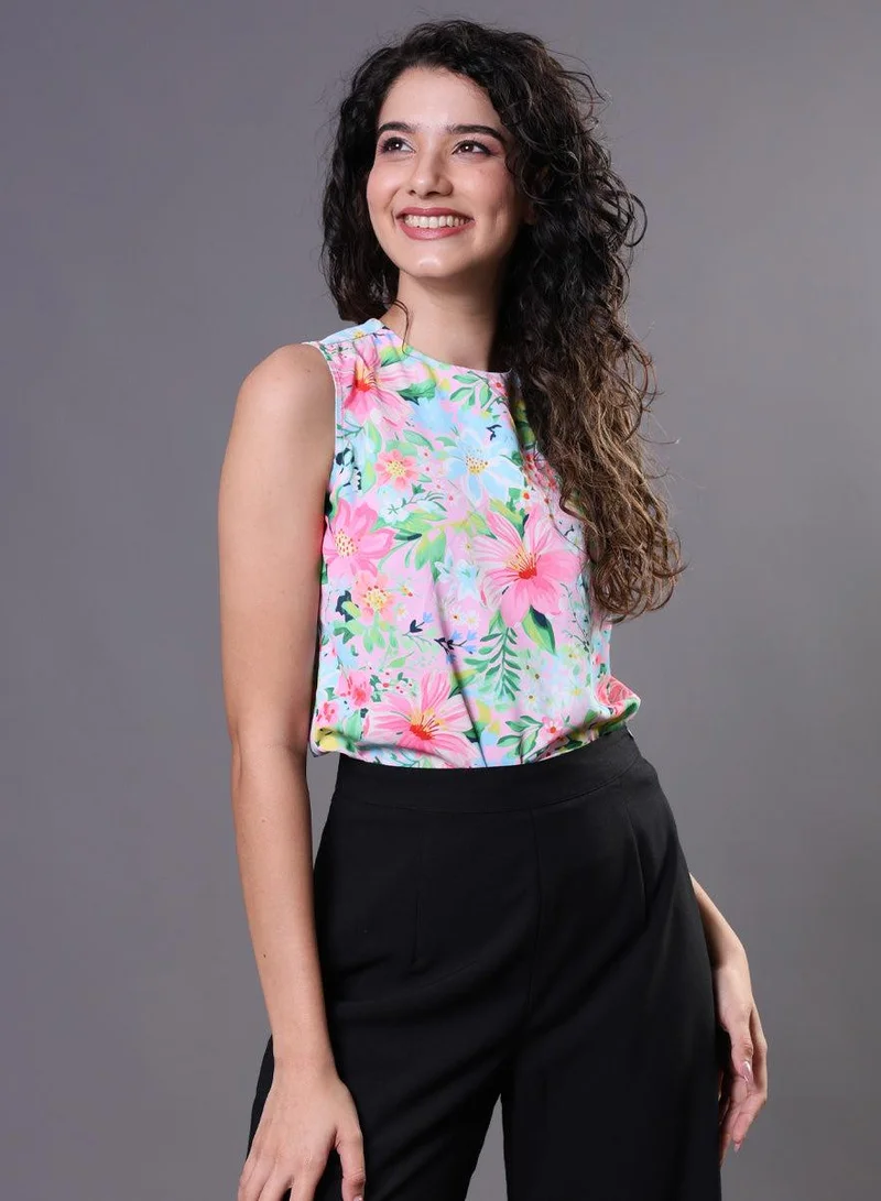 زجزاج Sleeveless Pink Floral Printed Top